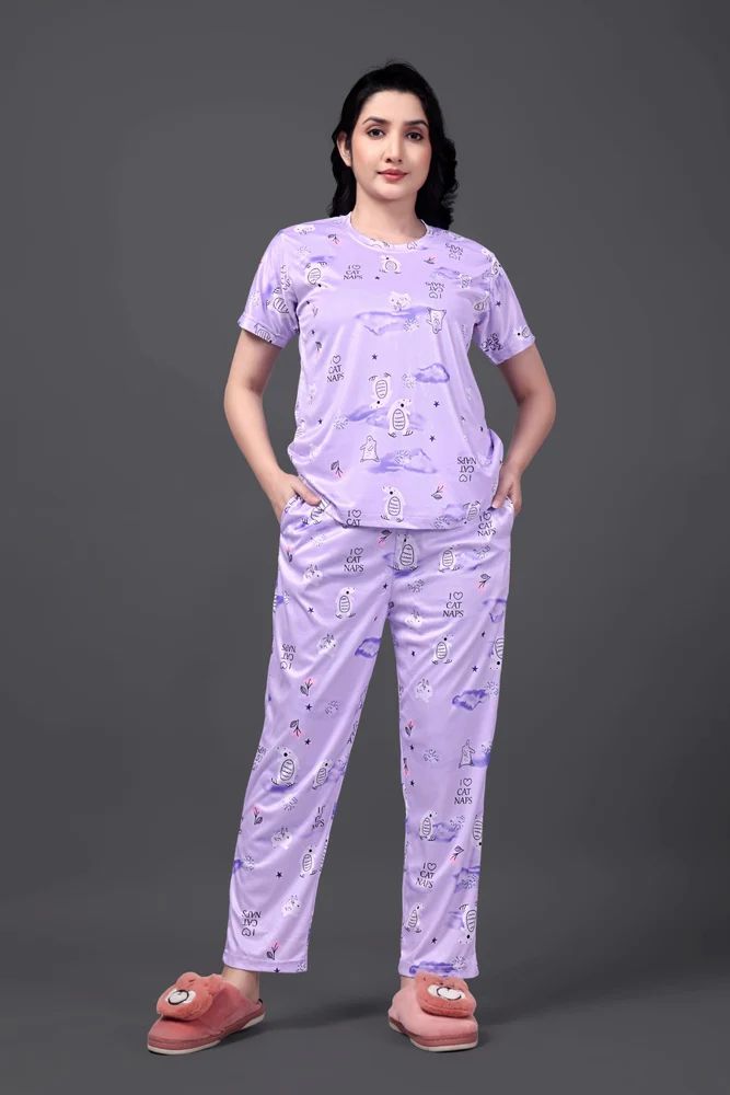 Womens Nightwear Set Lavender Cat Print Lounge Wear