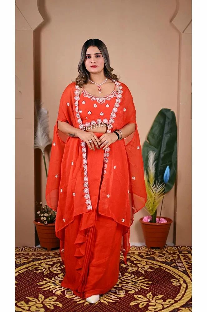 Orange Indo Western Skirt Set