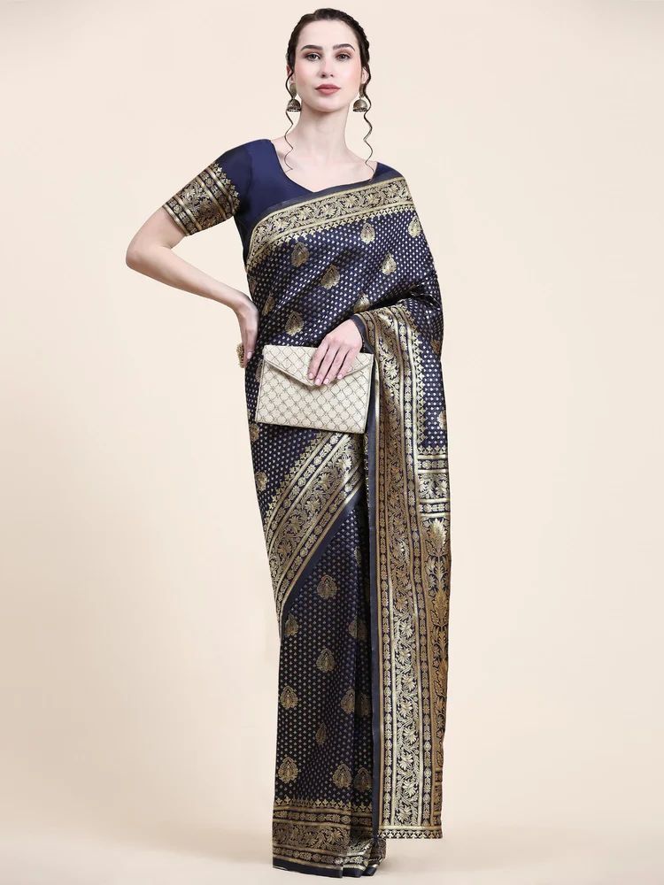 Ladies Banarasi Motif Printed Ocean Blue Art Silk Saree