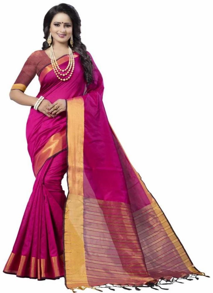 Silk Blend Woven Plain Solid Golden Zari Thick Border Banarasi Saree