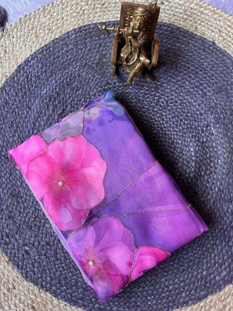 Lavender Purple Organza Handwork Saree
