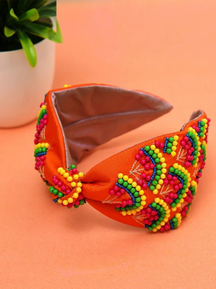 Orange Embroidered Beaded Hairband