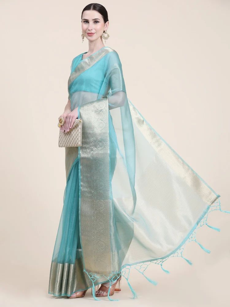 Ladies Organza Plain Sky Blue Pure Silk Saree