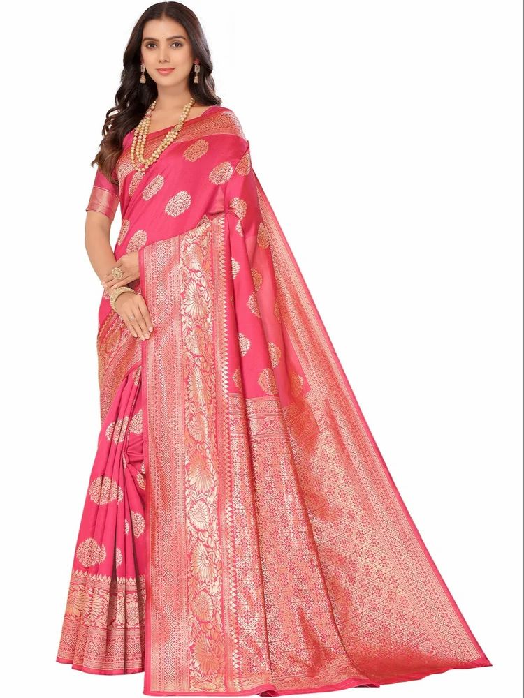 Silk Blend Jacquard Woven Golden Zari Butta Saree