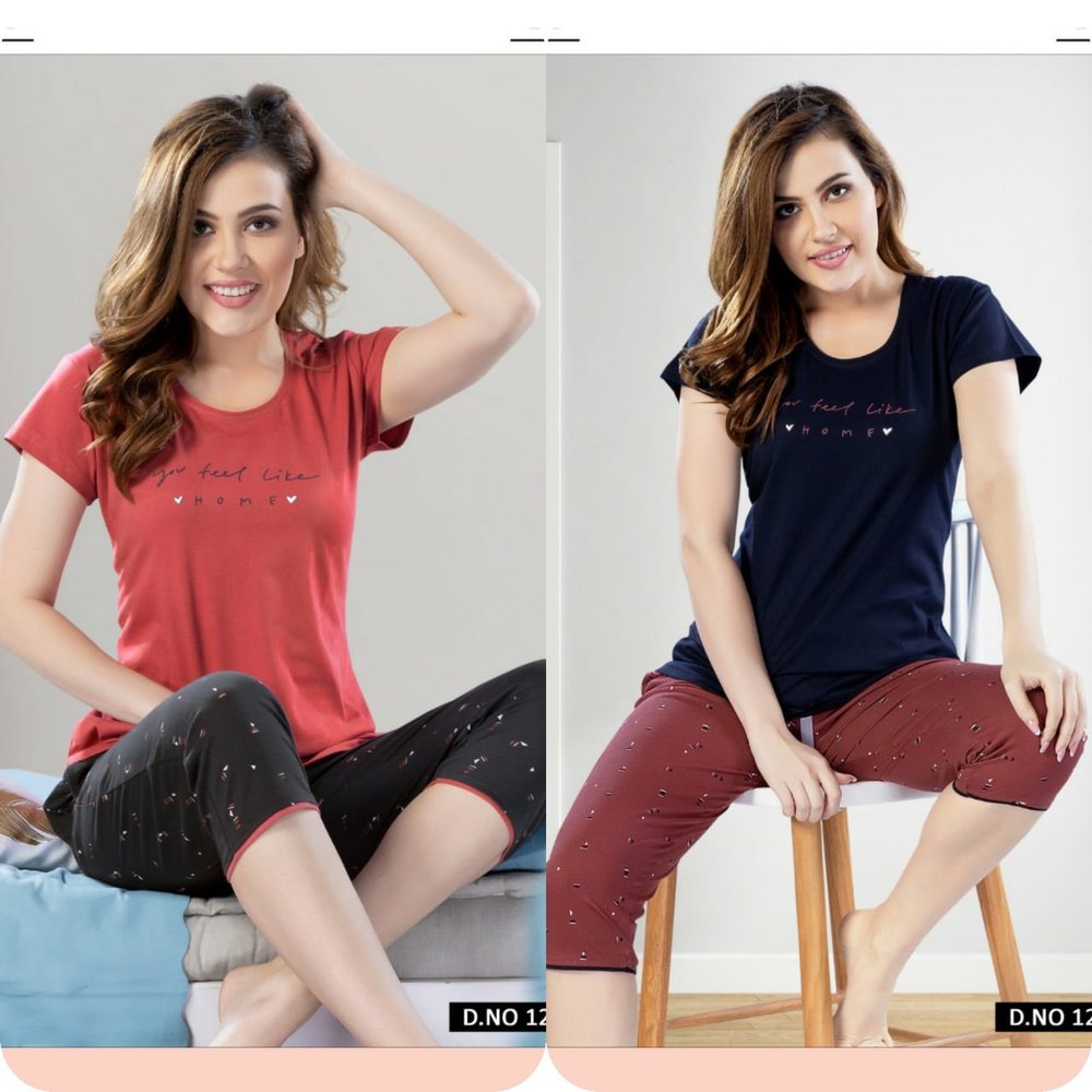 Ladies Stylish Nighty Half Sleeve T Shirt And 3/4 th Pant Red Black