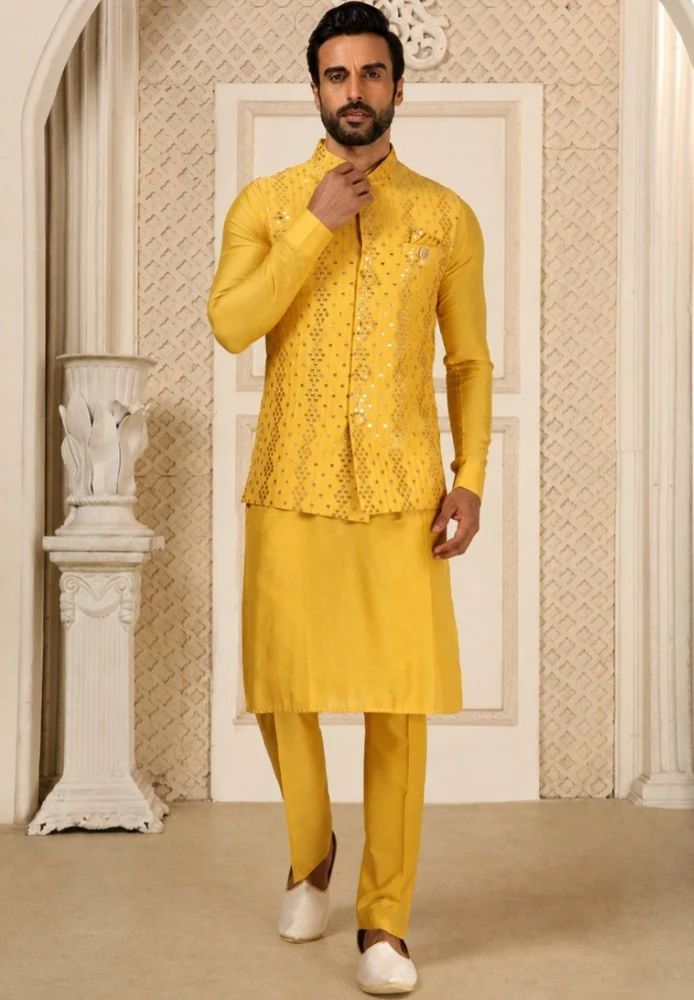 trendy culture's Art Silk Embroidered Yellow Color Haldi Special Mens Koti Kurta- factory price