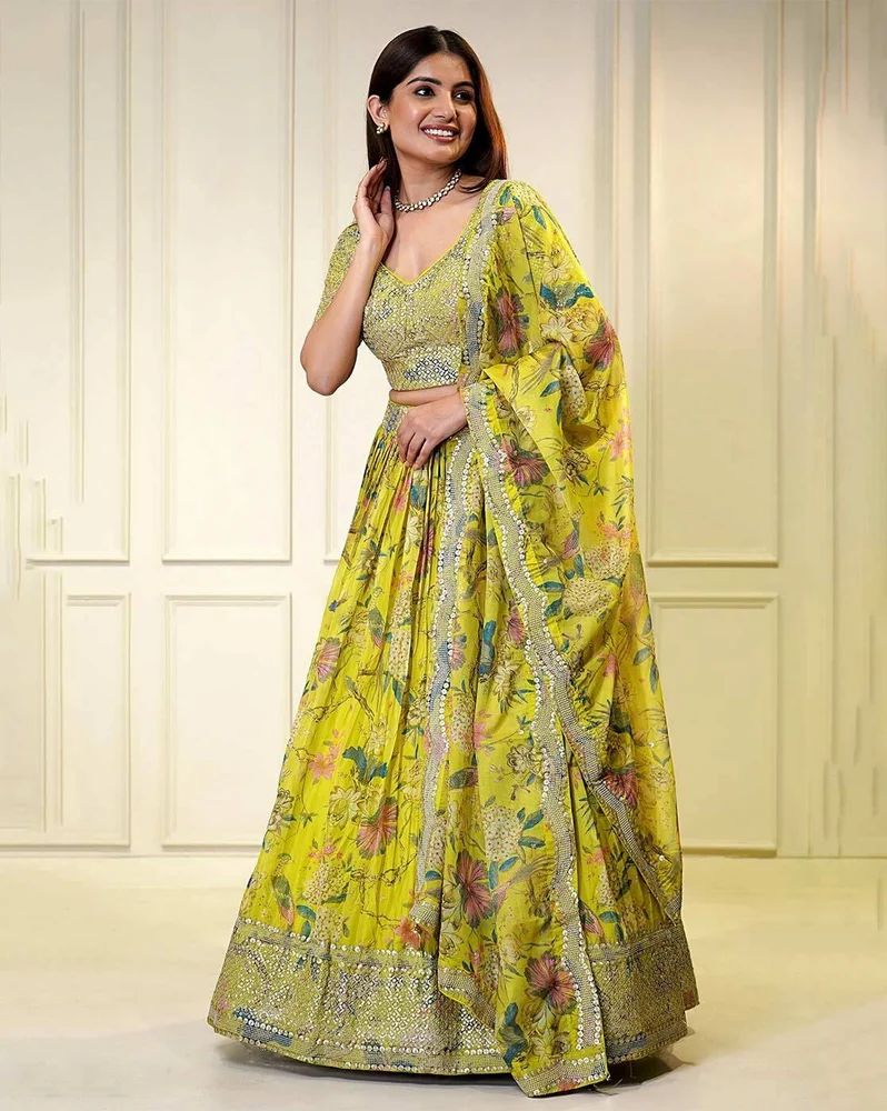 Lime Yellow Silk  Digital Floral Print Sequence Embroidery Work Lehenga Choli Set