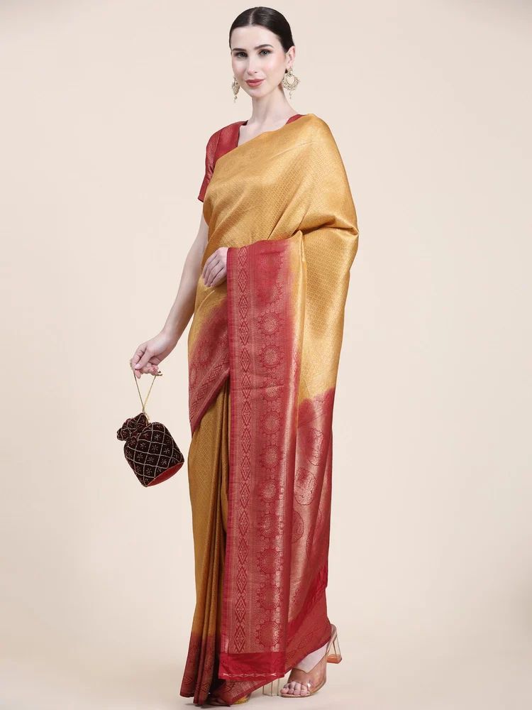 Ladies Banarasi Plain Golden Soft Silk Saree