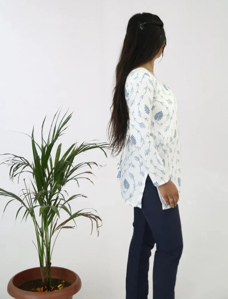 Smoke White Printed Rayon Short Ladies Kurti