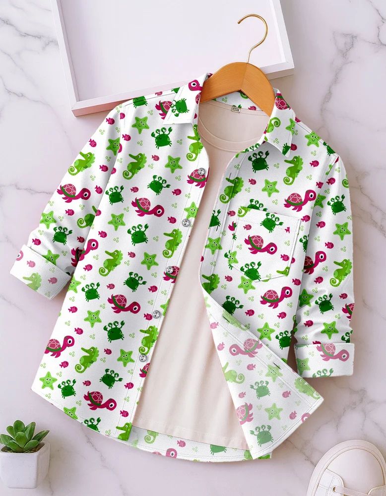 Dove White Boys Rayon Sea Creature Print Shirt
