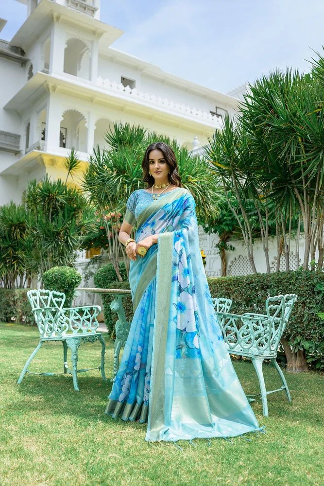 Linen Cotton Saree with floral print and zari weaved pallu