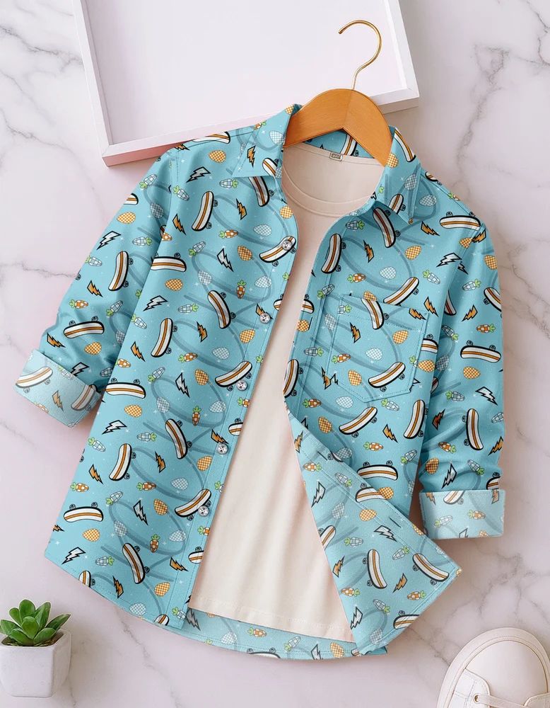 Sea Blue Boys Rayon Skateboard Print Shirt
