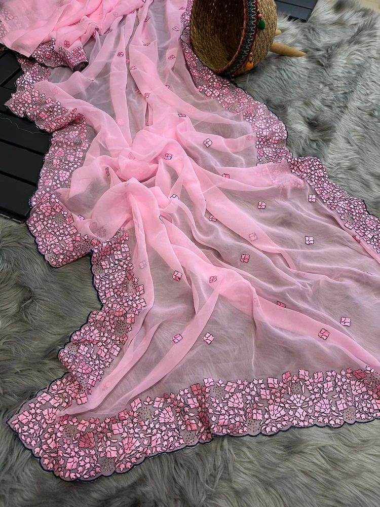 Pure Georgett silk saree in a solid color with multicoloured thread