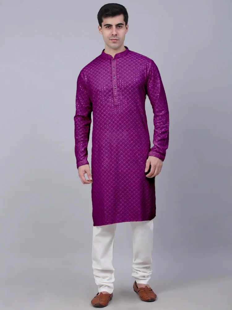 Men Embroidered, Embellished Cotton Rayon Straight Kurta
