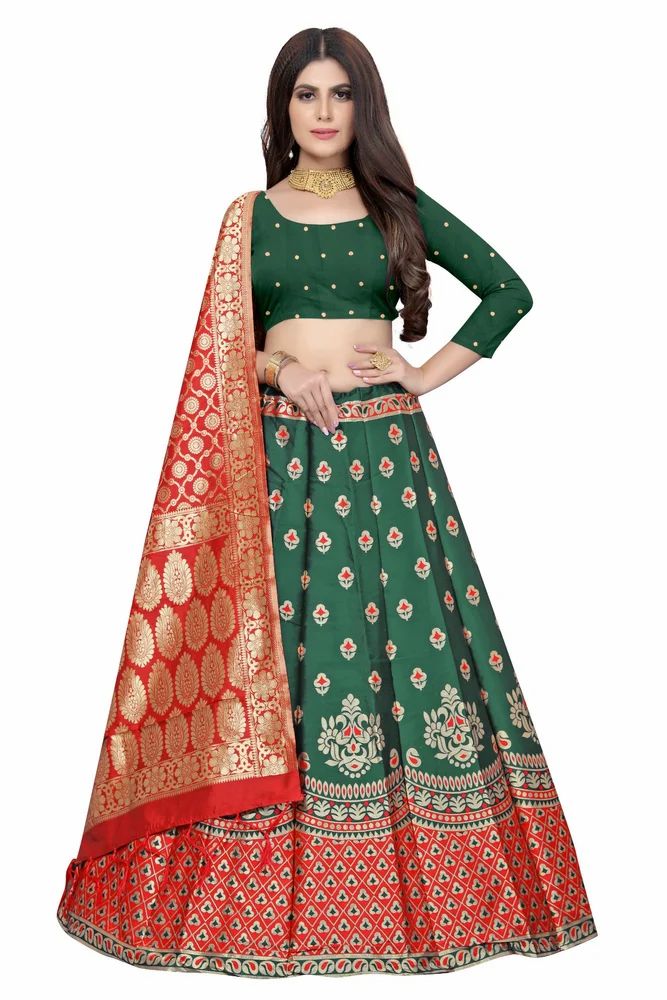 Ladies Silk Geen Printed Lehanga Choli