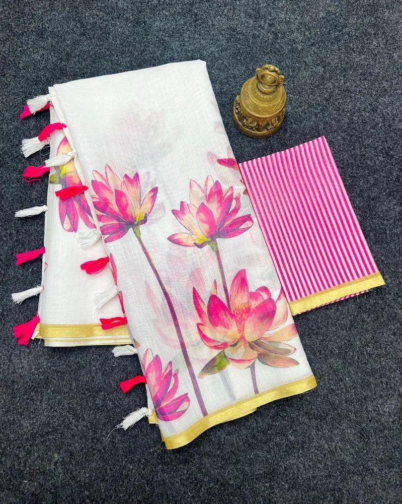 Plain Linen Digital Print Saree with Latkan (Fumka) & Matching Blouse