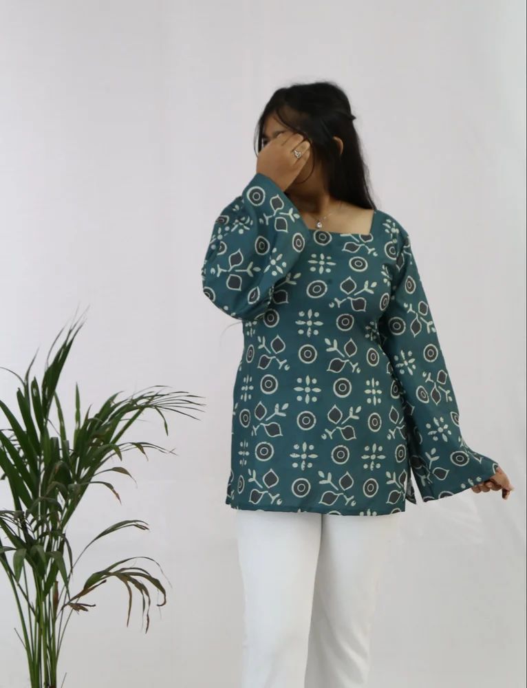 Mineral Green Printed Rayon Short Ladies Kurti