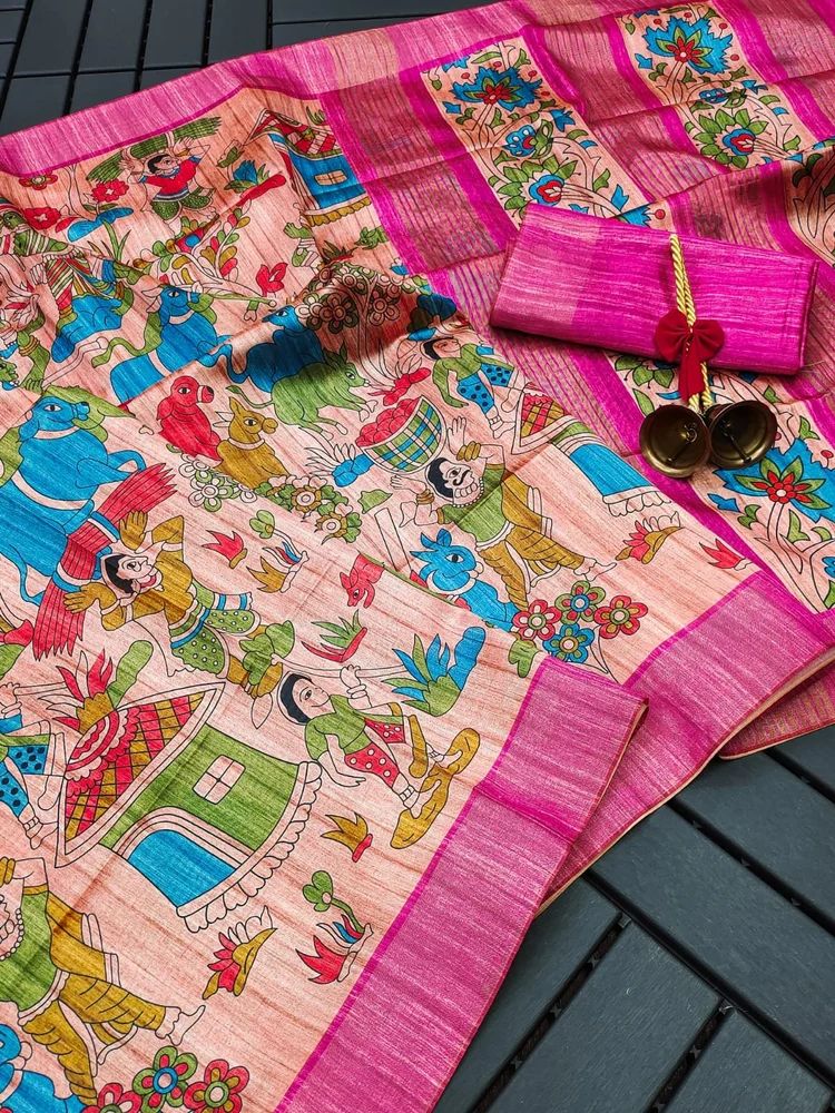 Zari Tussar Casual Wear Traditional Kalamkari Saree with ghicha pallu