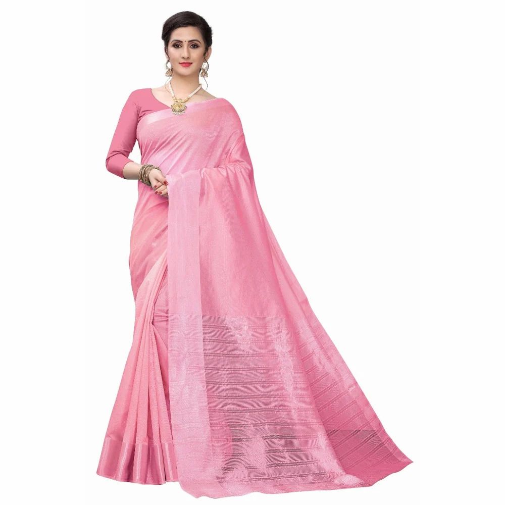 Pink Cotton Silk Blend Jacquard Solid Plain Jacquard Self Design Banarasi Style Saree