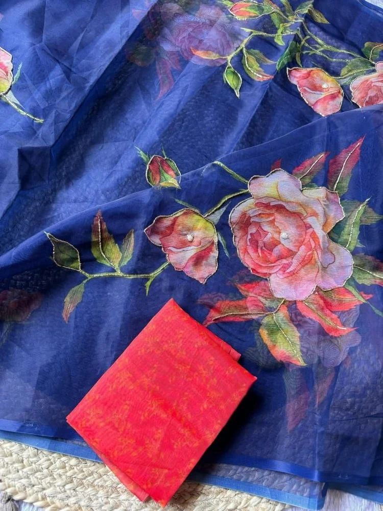 Persian Blue Organza Handwork Saree