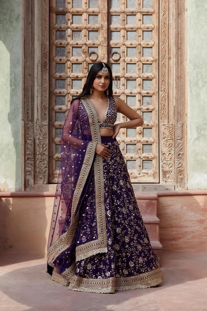 Purple Georgette Zari Sequence Embroidery Work Lehenga Choli