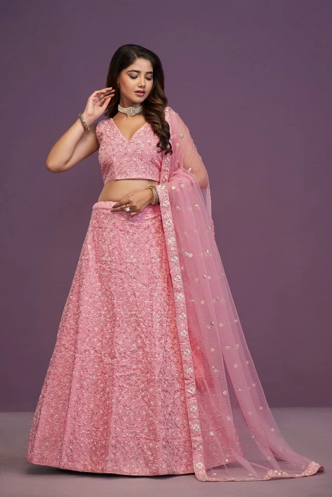 Pink Malai Silk Zari Sequence Embrodered Work Lehenga Choli Set