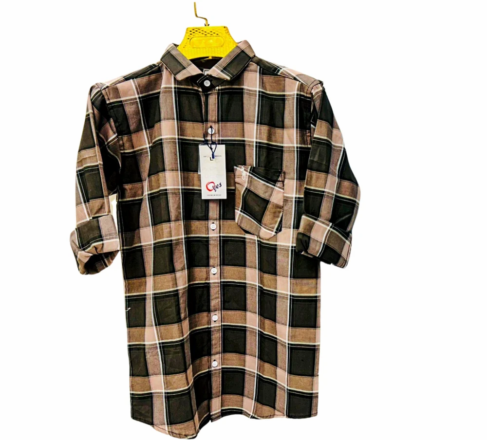 Mens Cotton Brown Black Plaid Check Shirt