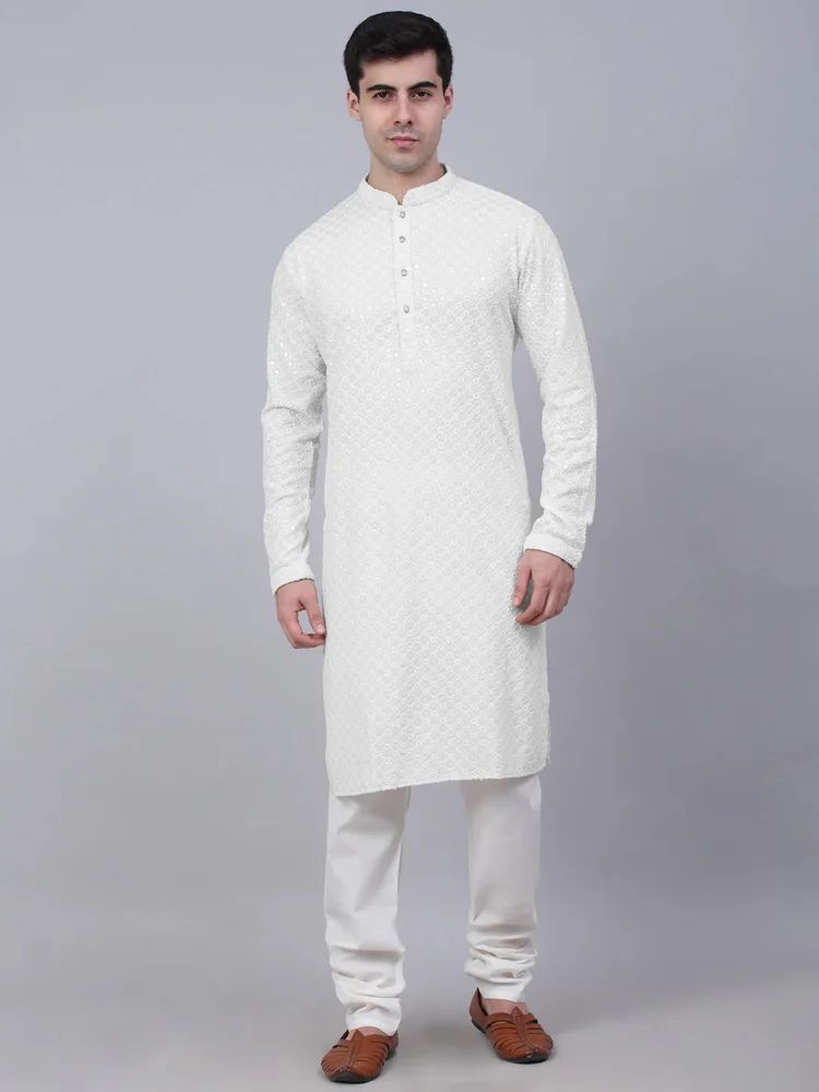 Men Embroidered, Embellished Cotton Rayon Straight Kurta