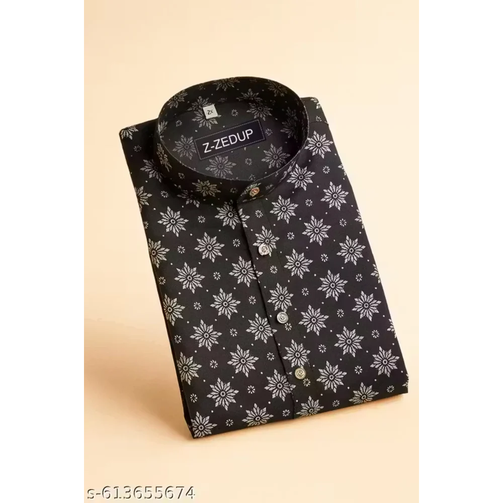 Men Dark Black Cotton Blend Printed Kurta