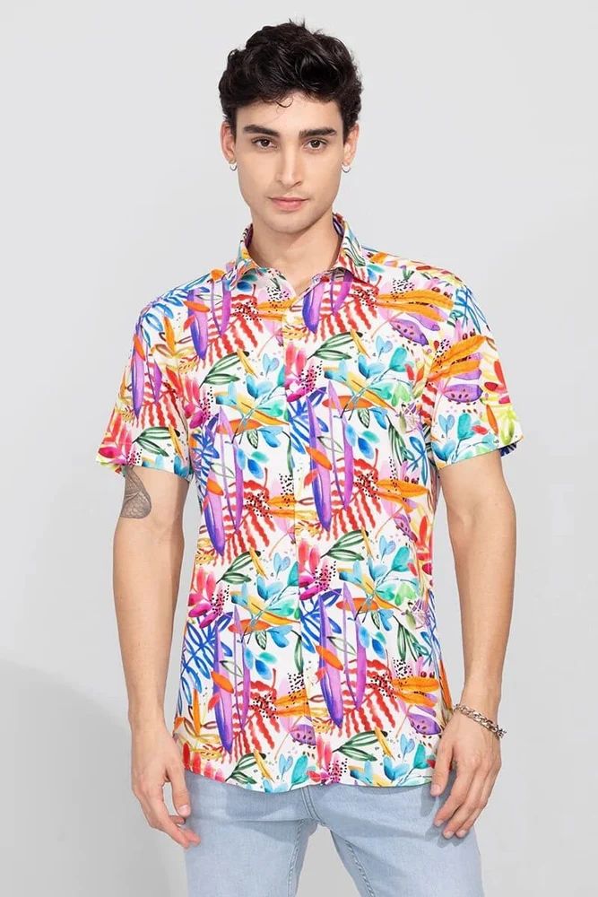 Men Printed Poly Cotton Shirt with Spread Collar