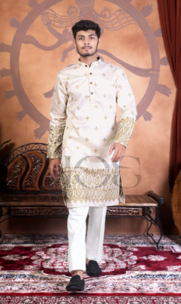 Cream Palace Wedding Men Cotton Kurta