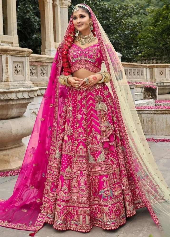Chevron Panelled Magenta Silk Gota Patti Bridal Lehenga