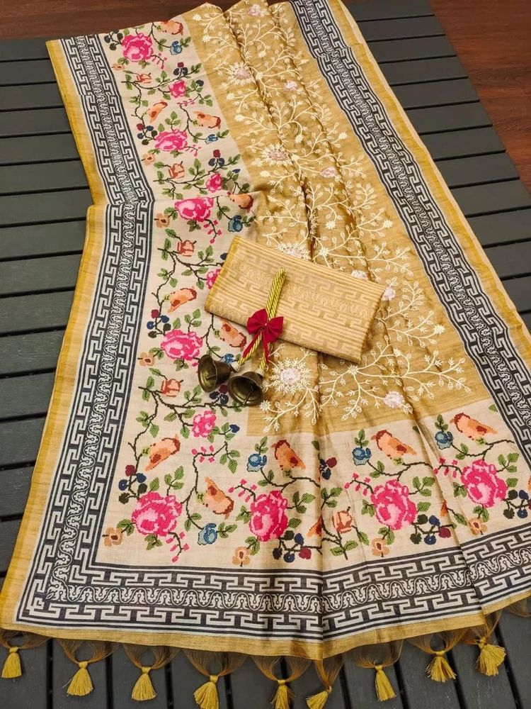 SOFT TUSSAR SILK SAREE WITH ALL OVER TRADITIONAL EMBROIDERED SEQUENCE WORK