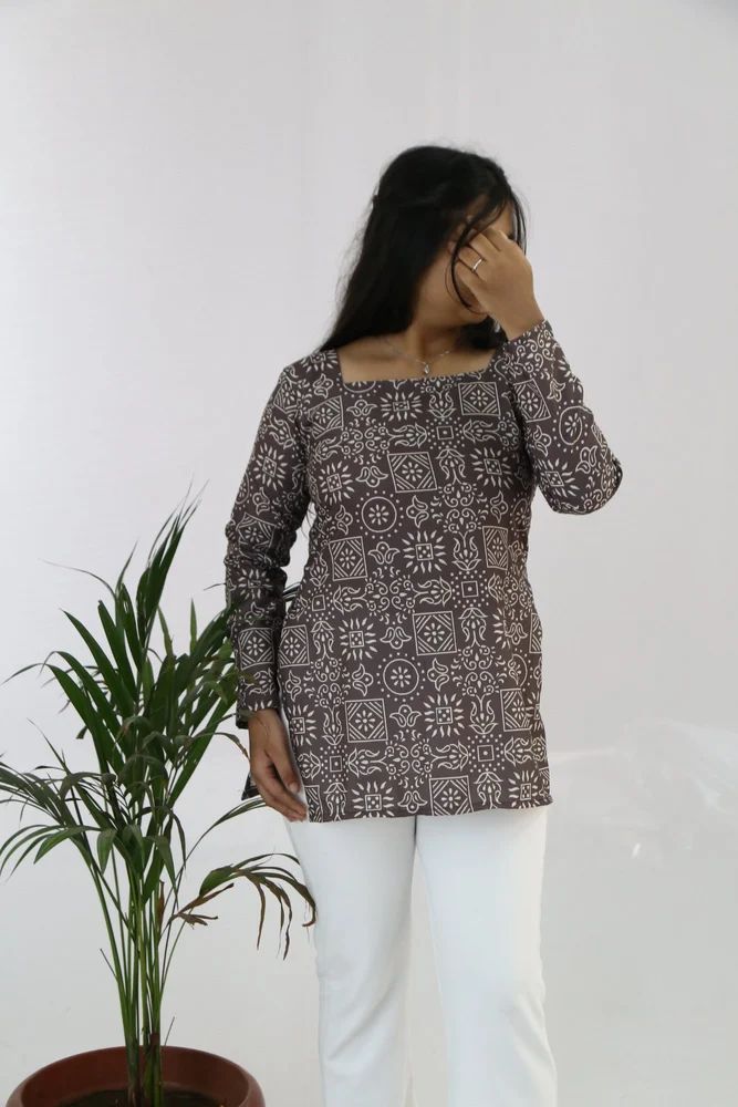 Brown Printed Rayon Short Ladies Kurti