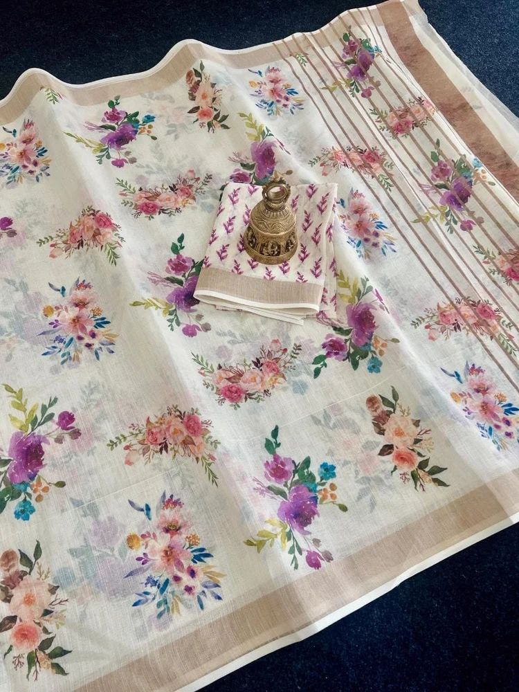 Warm White Digital Print Linen Sarees