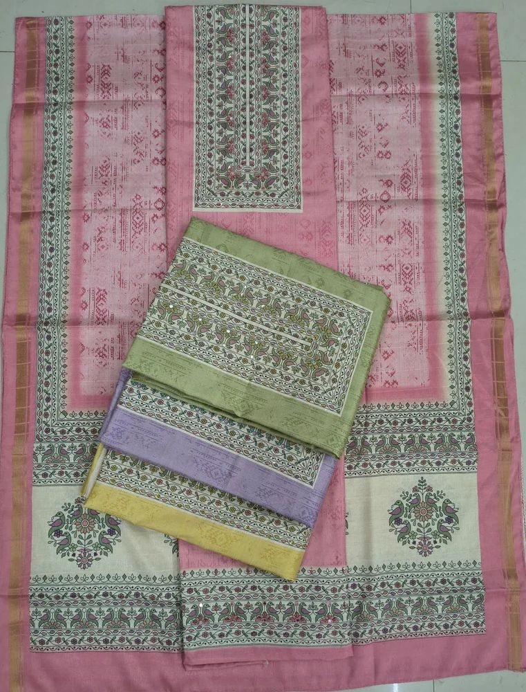 Tussar Silk Abstract Print Unstitched Salwar Suit
