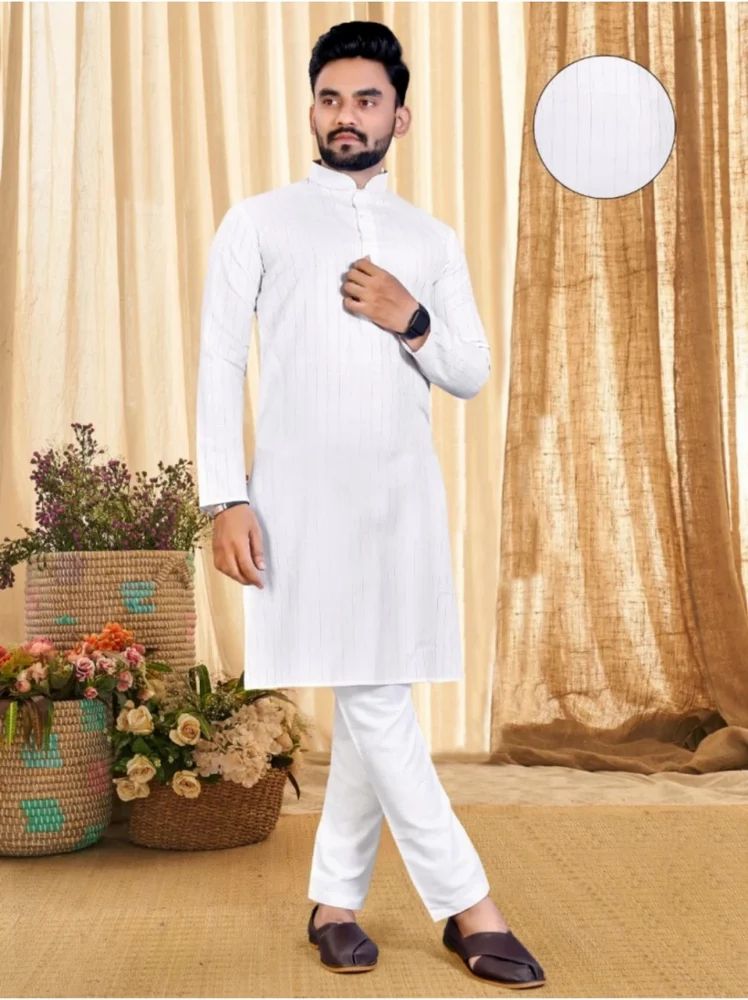 Men White Cotton Blend Kurta Pajama Set