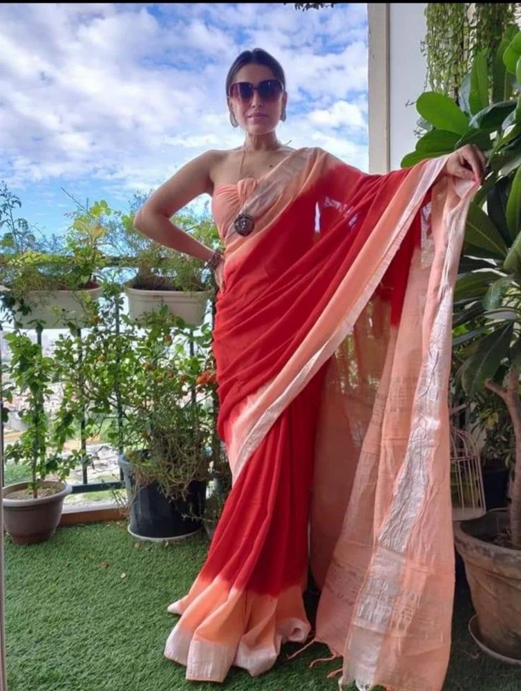 Red Digital Print Linen Saree