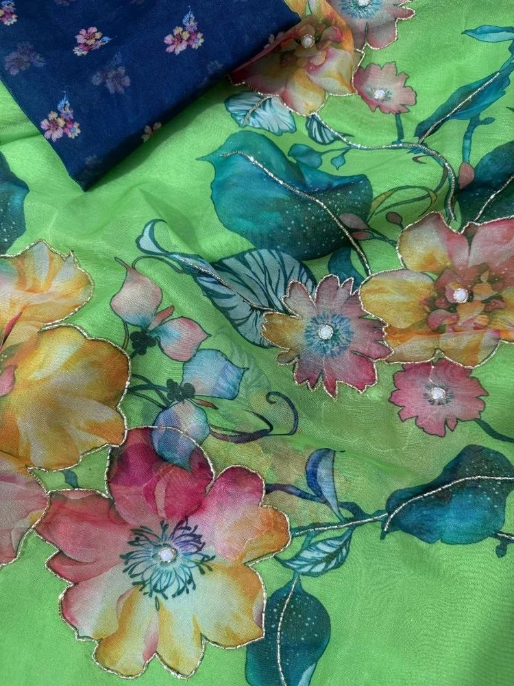 Parrot Green Organza Handwork Saree
