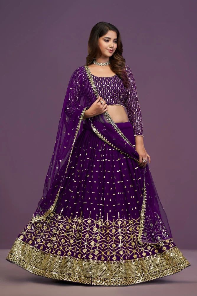 Purple Georgette Sequence Embroidery Work Lehenga Choli Set