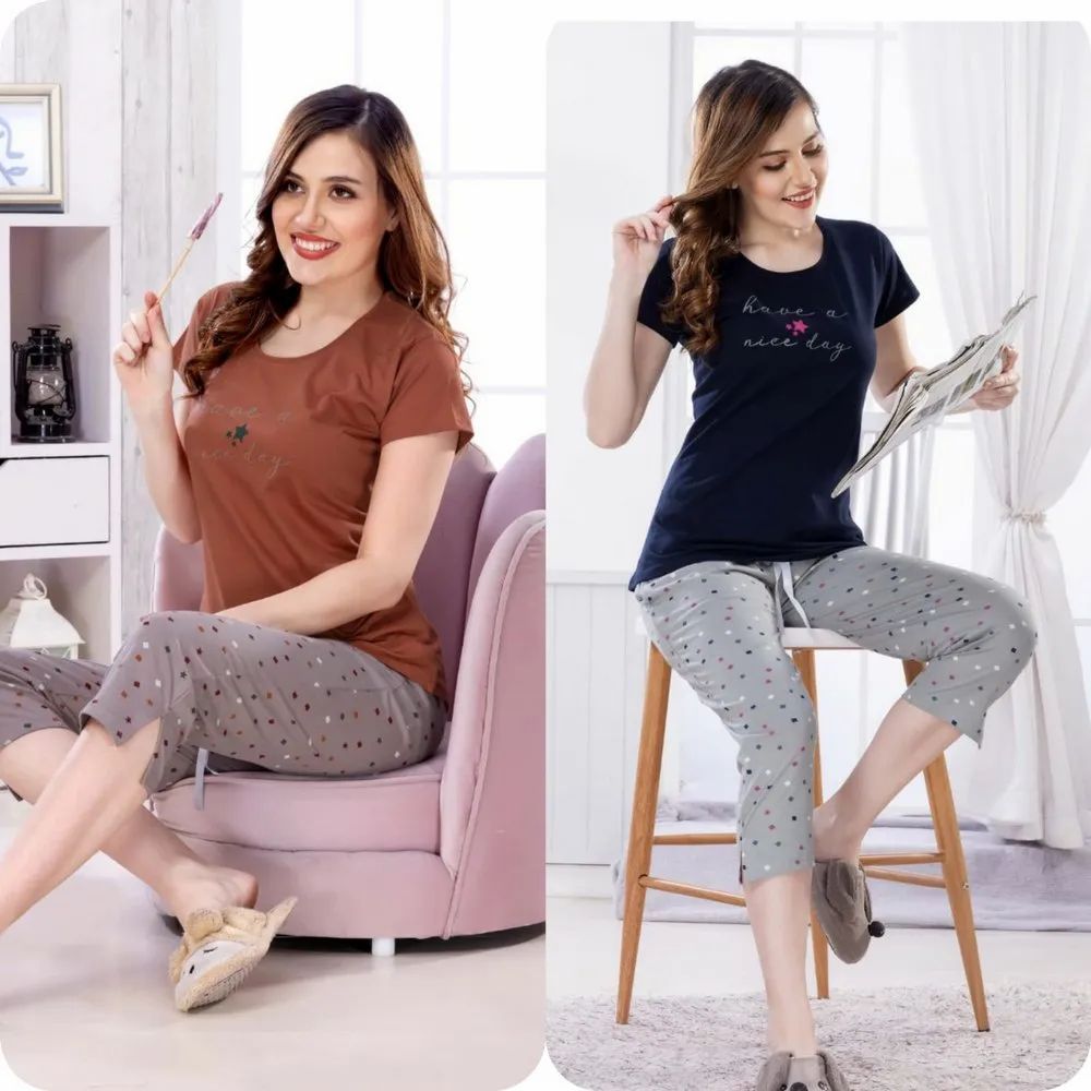 Ladies Stylish Nighty Half Sleeve T Shirt And 3/4 th Pant Brown Grey