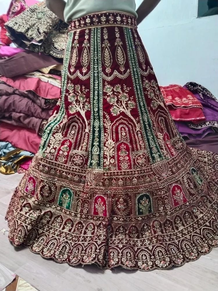 Tree Motif Maroon Velvet Zardozi Bridal Lehenga