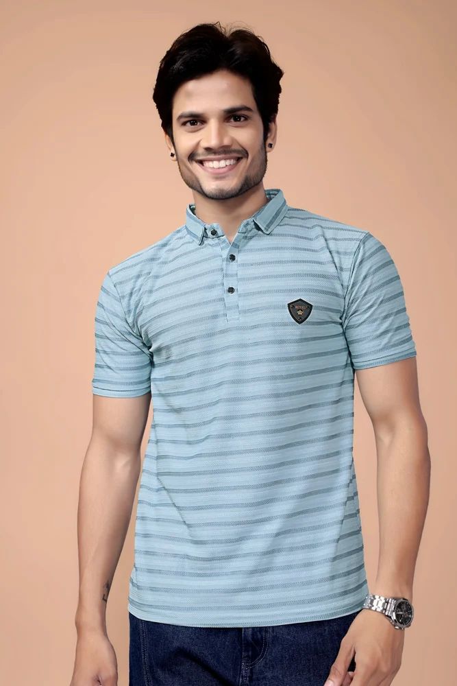 Mens Casual Striped Polo T-Shirt  Sky Blue