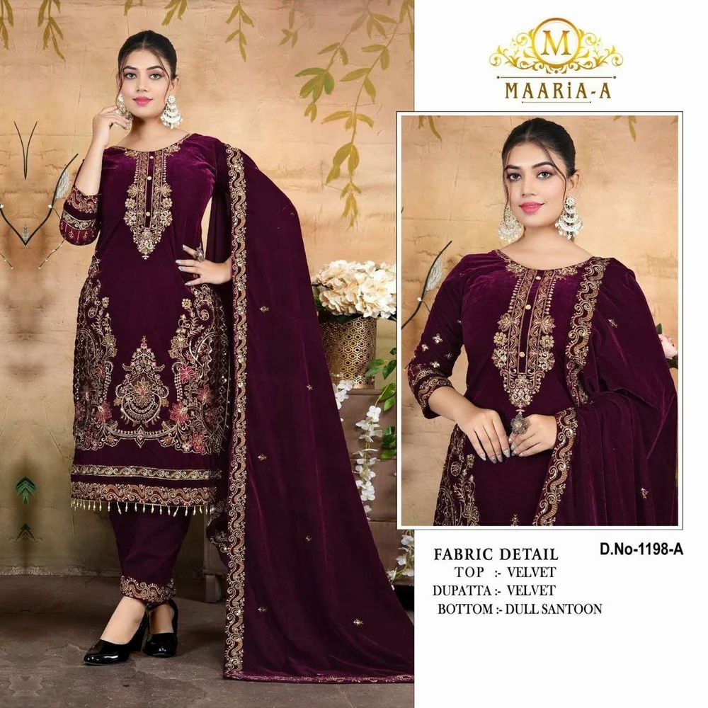 Unstitched Heavy Velvet with Multi-Thread & Jari Embroidery Pakistani Style Suit, 3 Piece
