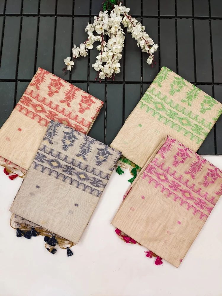 Premium soft muga Cotton saree in jamdani concept and contrast blouse