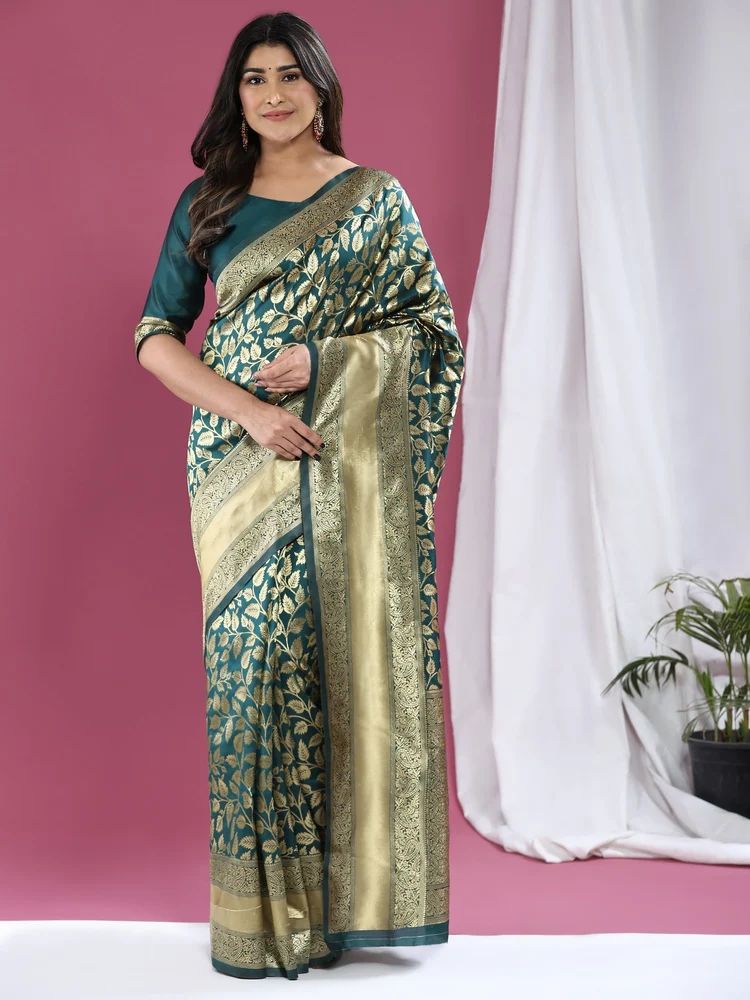 Ladies Banarasi Leaf Printed Green Art Silk Saree