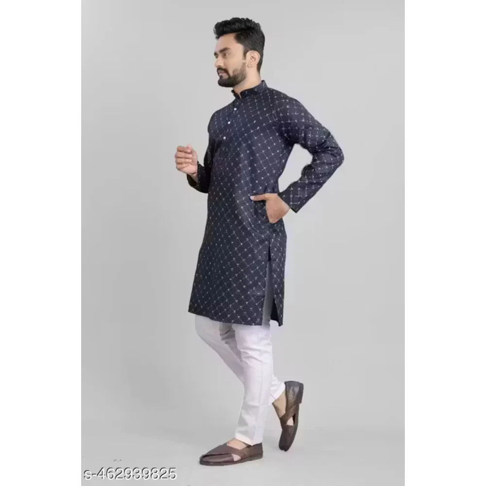 Men  Navy Blue Cotton Blend Kurta Pajama Set