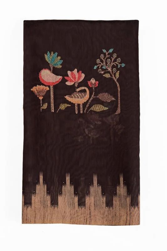 Brown Bird & Tree Print Handwork Chanderi Cotton Saree