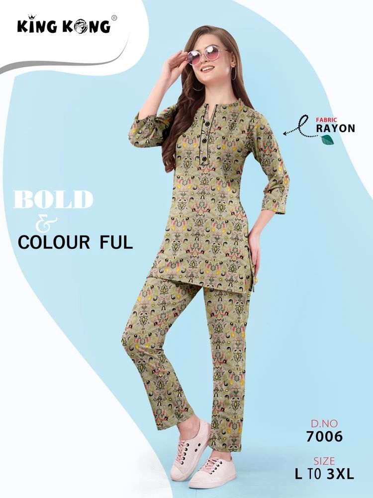 Rayon Mini Printed Co-Ord Set with 3/4 Sleeves (Sizes L-3XL)"