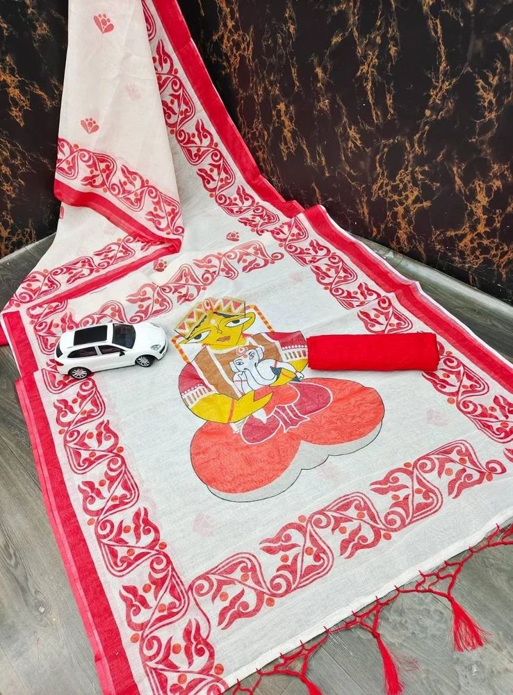 Red Digital Print Linen Sarees